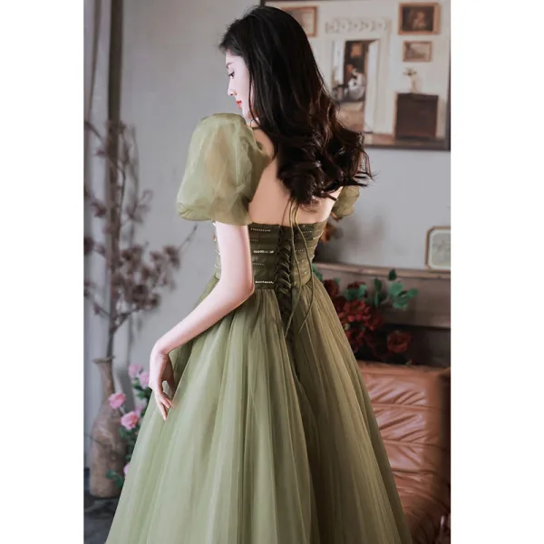 Modest / Simple Sage Green Prom Dresses A-Line / Princess 2022 Square Neckline Sequins Puffy Short Sleeve Backless Floor-Length / Long Formal Dresses