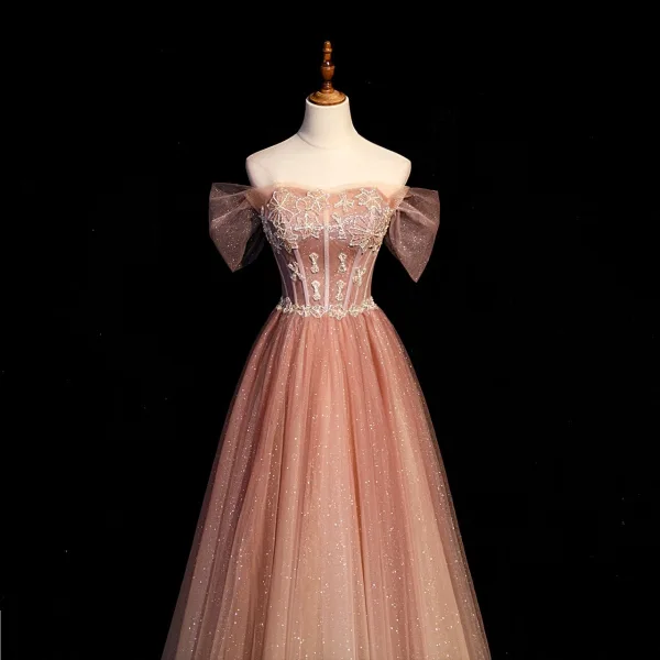 Charmant Pink Farbverlauf Ballkleider 2022 A Linie Off Shoulder Kurze Ärmel Rückenfreies Perlenstickerei Perle Pailletten Lange Festliche Kleider