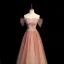 Charmant Pink Farbverlauf Ballkleider 2022 A Linie Off Shoulder Kurze Ärmel Rückenfreies Perlenstickerei Perle Pailletten Lange Festliche Kleider