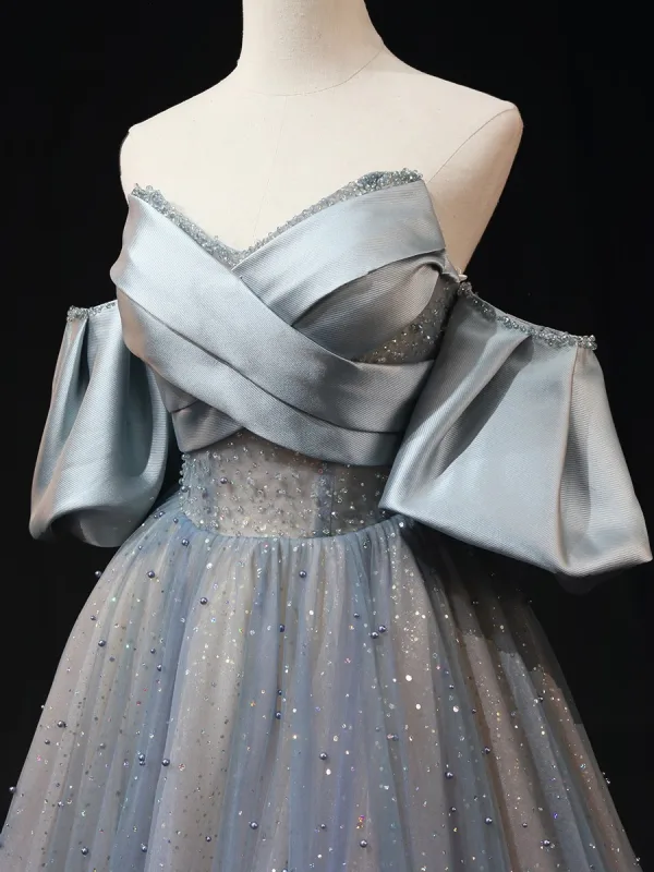 Chic / Beautiful Sky Blue Beading Pearl Sequins Prom Dresses 2025 A-Line / Princess Off-The-Shoulder Short Sleeve Backless Floor-Length / Long Prom Formal Dresses