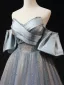 Chic / Beautiful Sky Blue Beading Pearl Sequins Prom Dresses 2025 A-Line / Princess Off-The-Shoulder Short Sleeve Backless Floor-Length / Long Prom Formal Dresses