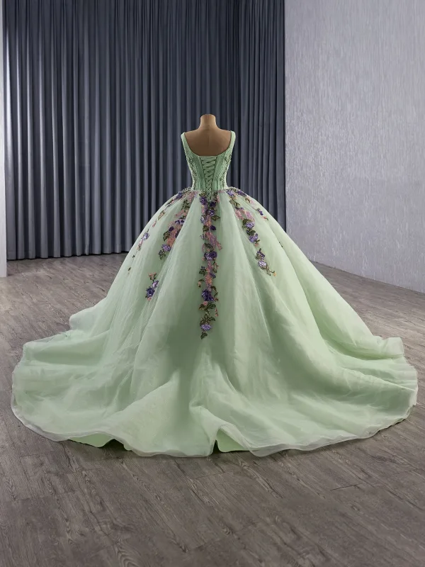 Luxury / Gorgeous Sage Green Beading Pearl Sequins Appliques Lace Flower Prom Dresses 2025 Ball Gown V-Neck Sleeveless Backless Chapel Train