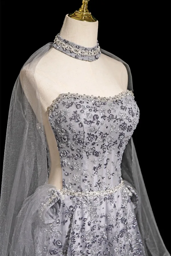 Glamorous Grey Beading Pearl Glitter Sequins Evening Dresses 2025 A-Line / Princess Strapless Sleeveless Backless Floor-Length / Long Evening Party Formal Dresses