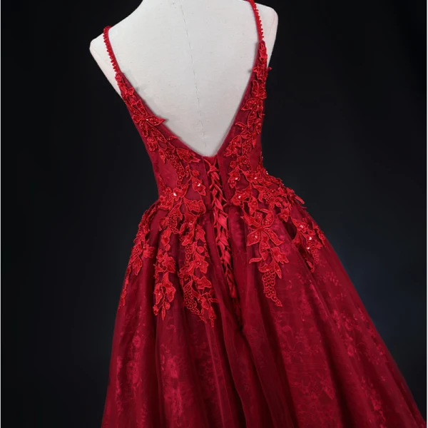 Sexy Burgundy Beading Sequins Lace Flower Evening Dresses 2023 A-Line / Princess Spaghetti Straps Sleeveless Backless Floor-Length / Long Evening Party Formal Dresses