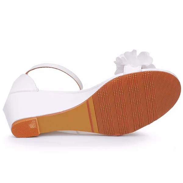Schöne Weiß Applikationen Brautschuhe 2024 Knöchelriemen 6 cm Keilabsatz Peeptoes Hochzeit Sandaletten Hochhackige