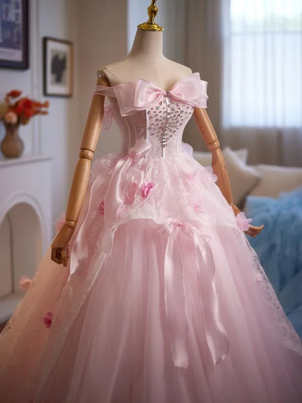Lovely Blushing Pink Rhinestone Lace Flower Appliques Prom Dresses 2025 Ball Gown Strapless Bow Sleeveless Backless Floor-Length / Long Formal Dresses