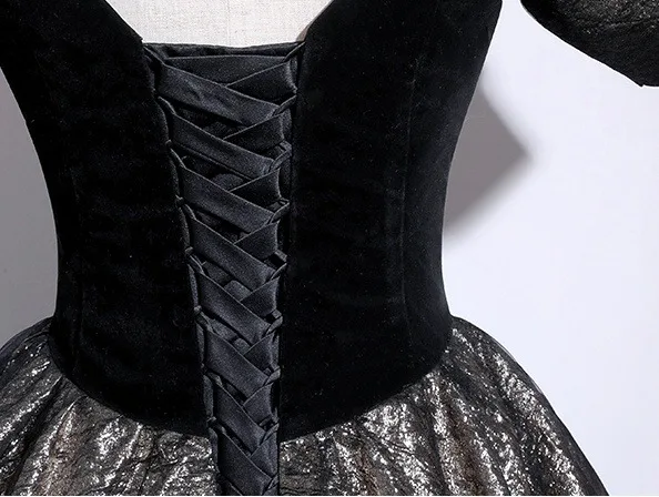 Vintage / Retro Black Glitter Prom Dresses 2025 Ball Gown Square Neckline Puffy Short Sleeve Backless Floor-Length / Long Formal Dresses
