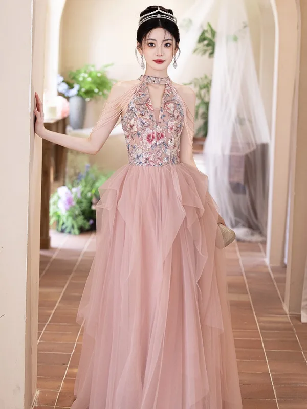 Chic / Beautiful Blushing Pink Beading Cascading Ruffles Printing Prom Dresses 2025 A-Line / Princess High Neck Sleeveless Backless Floor-Length / Long Tulle Formal Dresses