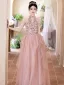 Chic / Beautiful Blushing Pink Beading Cascading Ruffles Printing Prom Dresses 2025 A-Line / Princess High Neck Sleeveless Backless Floor-Length / Long Tulle Formal Dresses