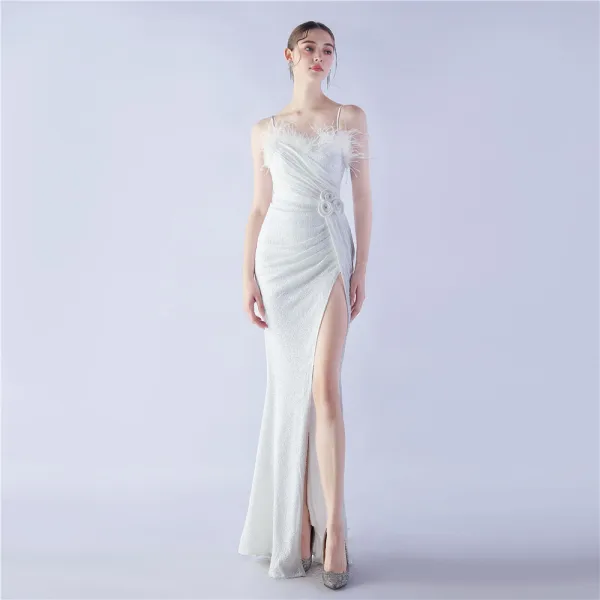 Charmant Bleu Marine Paillettes Fendue devant Robe De Soirée 2024 Trompette / Sirène Bretelles Spaghetti Gland Sans Manches Dos Nu Longue Soirée Robe De Ceremonie