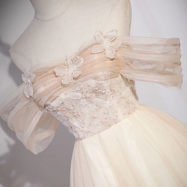 Charming Champagne Beading Appliques Prom Dresses 2023 A-Line / Princess Off-The-Shoulder Short Sleeve Backless Floor-Length / Long Prom Formal Dresses