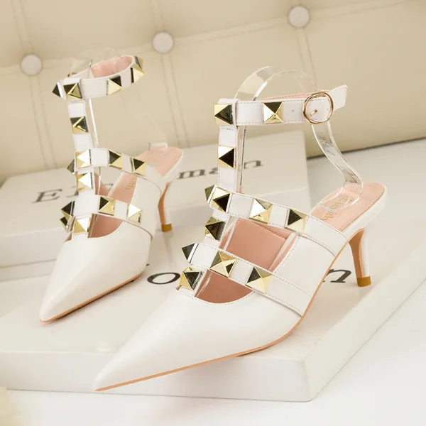 Romain Sexy Nues Soirée Rivet Chaussures Femmes 2022 T-Strap 6 cm Talons Aiguilles À Bout Pointu Talons Hauts