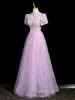 Chic / Beautiful Lilac Beading Pearl Sequins Prom Dresses 2023 A-Line / Princess High Neck Short Sleeve Floor-Length / Long Prom Formal Dresses
