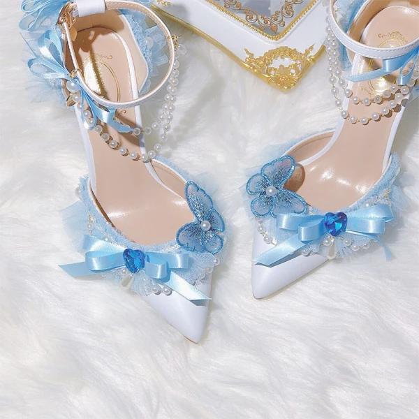 Charmant Himmelblau Perle Schleife Ball Sandalen Damen 2024 9 cm Stilettos Hochhackige Spitzschuh Sandaletten