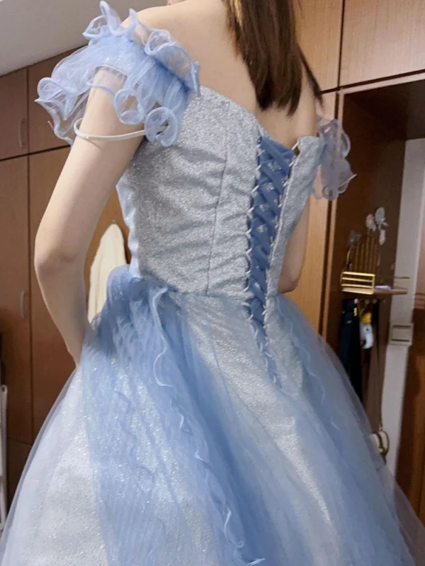Glitzernden Charmant Himmelblau Pailletten Abendkleider 2023 A Linie Off Shoulder Schleife Kurze Ärmel Rückenfreies Lange Abend Festliche Kleider