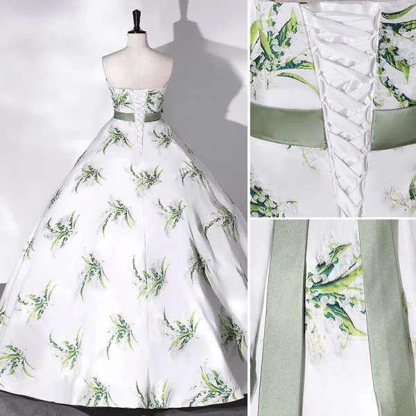Elegant White Satin Printing Prom Dresses 2022 Ball Gown Strapless Sleeveless Backless Bow Sash Floor-Length / Long Formal Dresses