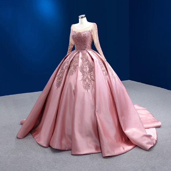 High-end Vintage / Retro Candy Pink Beading Pearl Sequins Prom Dresses 2022 Satin Ball Gown Scoop Neck Long Sleeve Backless Court Train Prom Formal Dresses