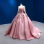 High-end Vintage / Retro Candy Pink Beading Pearl Sequins Prom Dresses 2022 Satin Ball Gown Scoop Neck Long Sleeve Backless Court Train Prom Formal Dresses