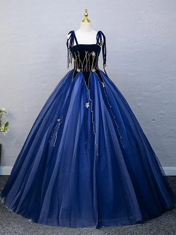 Élégant Bleu Roi Étoile Paillettes Robe De Bal 2025 Robe Boule Bretelles Spaghetti Sans Manches Dos Nu Longue Promo Robe De Ceremonie