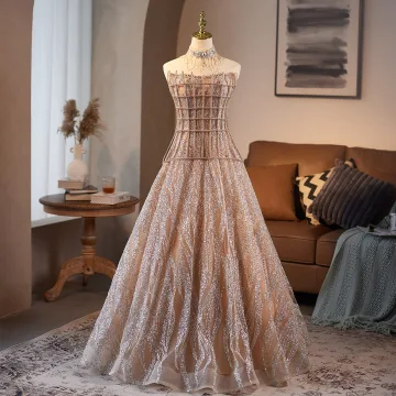 Luxe Scintillantes Champagne Perlage Faux Diamant Paillettes Robe De Bal 2025 Princesse Bustier Sans Manches Dos Nu Longue Robe De Ceremonie