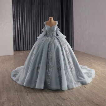 High End Grijs Kralen Parel Pailletten Quinceañera Galajurken 2025 Baljurk Vierkante Halslijn Korte Mouwen Ruglooze Rechter Trein Gelegenheid Jurken