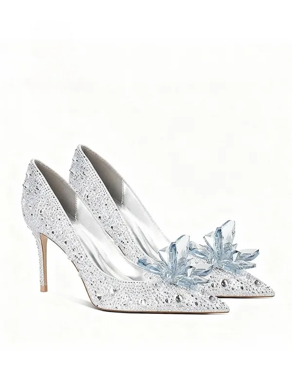 Charmant Argenté Cristal Chaussure De Mariée 2026 6 cm Talons Aiguilles Faux Diamant À Bout Pointu Mariage Escarpins