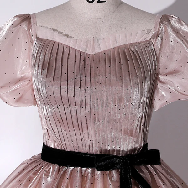 Élégant Rougissant Rose Tachetée Robe De Bal 2022 Robe Boule De l'épaule Gonflée Manches Courtes Dos Nu Ceinture Noeud Longue Robe De Ceremonie