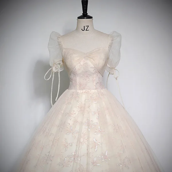 Elegant Champagne Printing Prom Dresses 2023 Ball Gown Square Neckline Short Sleeve Backless Floor-Length / Long Prom Formal Dresses