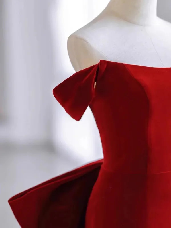 Sexy Burgundy Rhinestone Velvet Evening Dresses 2023 Trumpet / Mermaid Off-The-Shoulder Sleeveless Backless Bow Sweep Train Evening Party Formal Dresses