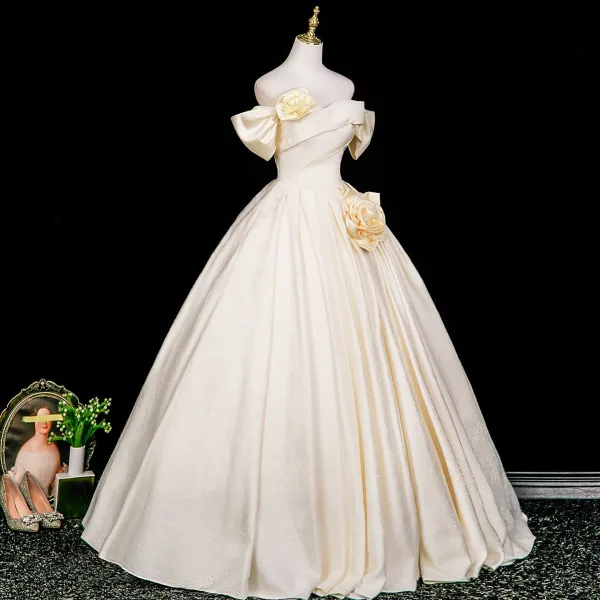 Elegant Champagne Appliques Prom Dresses 2025 Ball Gown Off-The-Shoulder Short Sleeve Backless Floor-Length / Long Prom Formal Dresses