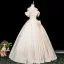 Elegant Champagne Appliques Prom Dresses 2025 Ball Gown Off-The-Shoulder Short Sleeve Backless Floor-Length / Long Prom Formal Dresses