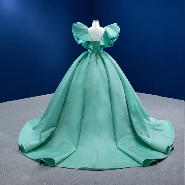 High-end Mint Green Prom Dresses 2022 Ball Gown Scoop Neck Puffy Short Sleeve Backless Chapel Train Formal Dresses