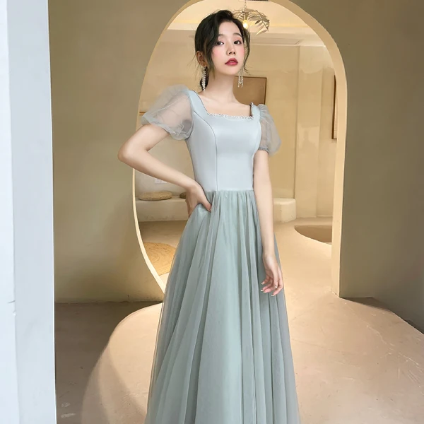 Simple Vert Cendré Robe Demoiselle D'honneur 2022 Princesse Encolure Carrée Manches Courtes Dos Nu Longue Demoiselle D'honneur Robe De Ceremonie