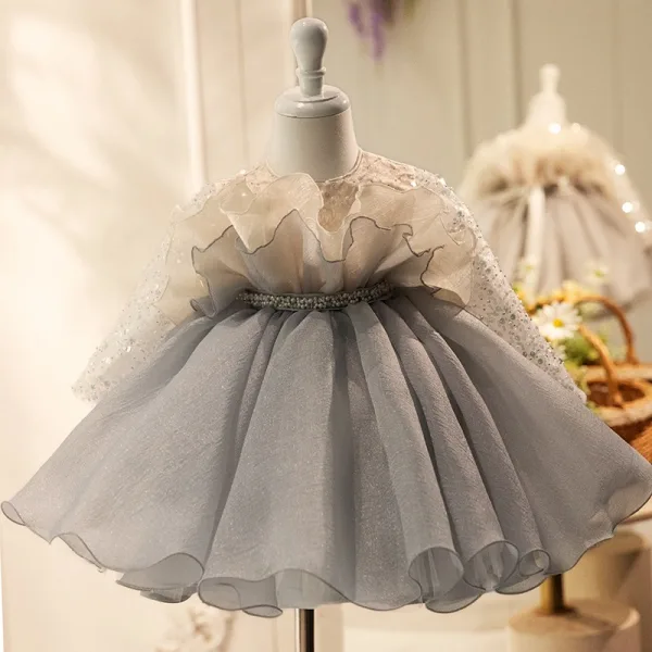 Chic / Beautiful Grey Pearl Sequins Short Birthday Flower Girl Dresses 2024 Ball Gown Scoop Neck Long Sleeve Bow Flower Girl Dresses