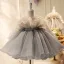 Chic / Beautiful Grey Pearl Sequins Short Birthday Flower Girl Dresses 2024 Ball Gown Scoop Neck Long Sleeve Bow Flower Girl Dresses