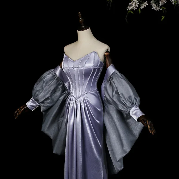 Sexy Lavande Perlage Robe De Soirée 2026 Trompette / Sirène Bustier Gonflée Manches Courtes Dos Nu Train De Balayage Robe De Ceremonie