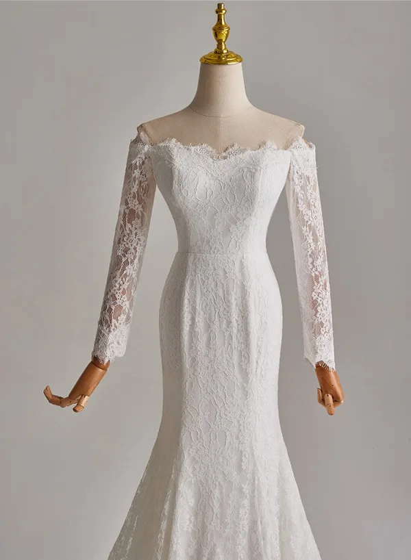 Vintage / Retro White Lace Flower Sweep Train Wedding Dresses 2025 Ball Gown Off-The-Shoulder Long Sleeve Backless