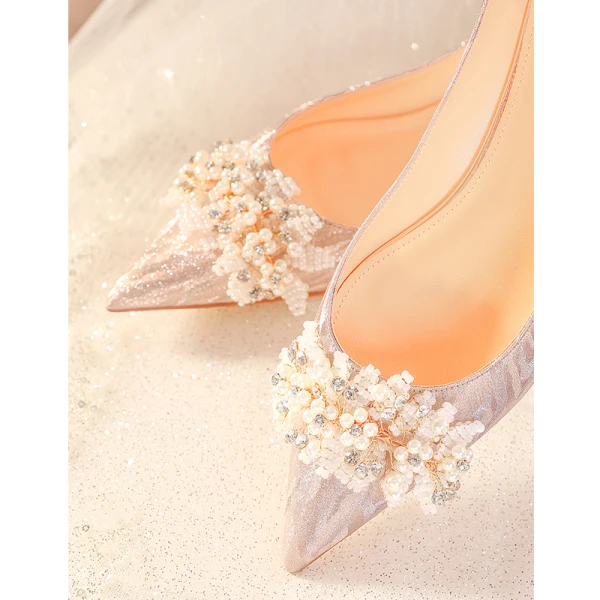 Chic / Beautiful Champagne Pearl Rhinestone Wedding Shoes 2023 Leather 8 cm Stiletto Heels Pointed Toe Wedding Pumps High Heels