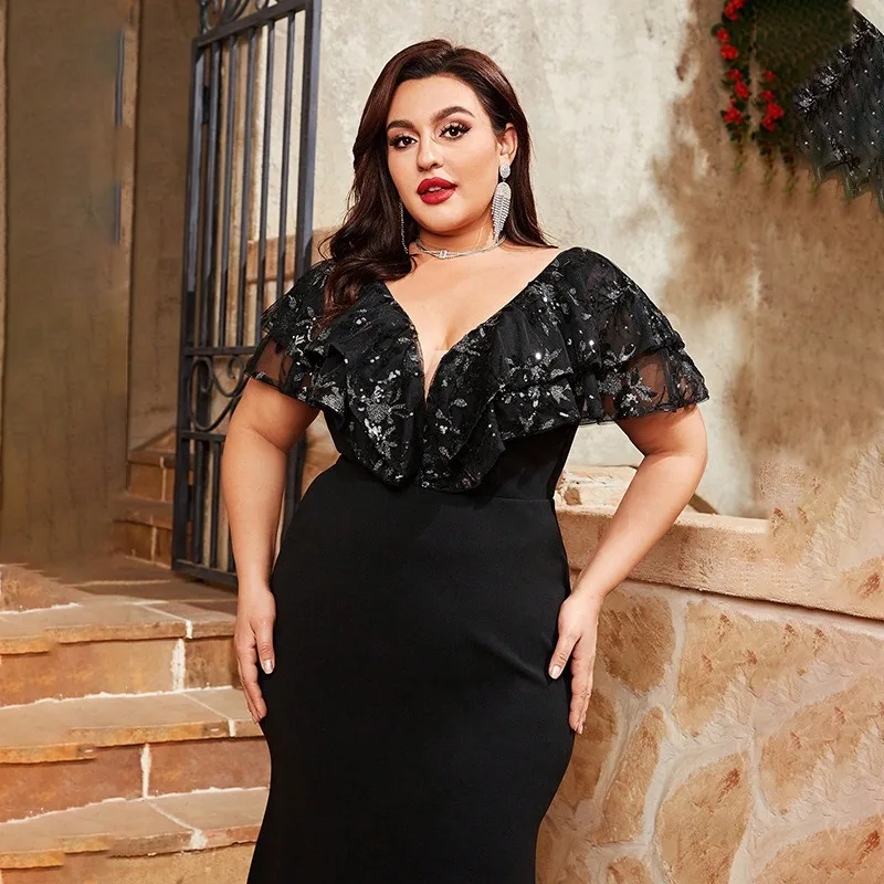 Glamorous Black Sequins Plus Size Evening Dresses 2025 Trumpet Mermaid V  Neck Short Sleeve Backless Evening Party Floor Length Long Formal Dresses