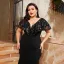 Glamour Noire Paillettes Grande Taille Robe De Soirée 2025 Trompette / Sirène V-Cou Manches Courtes Dos Nu Soirée Longue Robe De Ceremonie