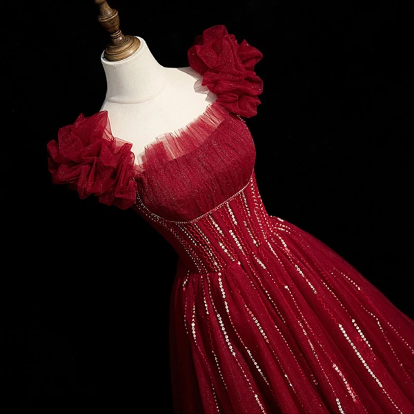 Charming Burgundy Beading Sequins Evening Dresses 2023 A-Line / Princess Puffy Off-The-Shoulder Short Sleeve Backless Floor-Length / Long Evening Party Formal Dresses
