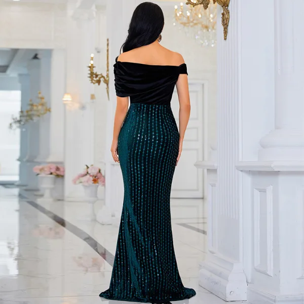 Chic / Beautiful Ink Blue Sequins Evening Dresses 2022 Trumpet / Mermaid Zipper Up at Side Off-The-Shoulder Sleeveless Backless Floor-Length / Long Evening Party Formal Dresses