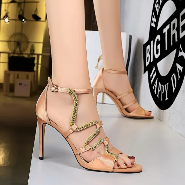 Sexy Silver Evening Party Rhinestone Womens Sandals 2022 9 cm Stiletto Heels Open / Peep Toe Sandals High Heels