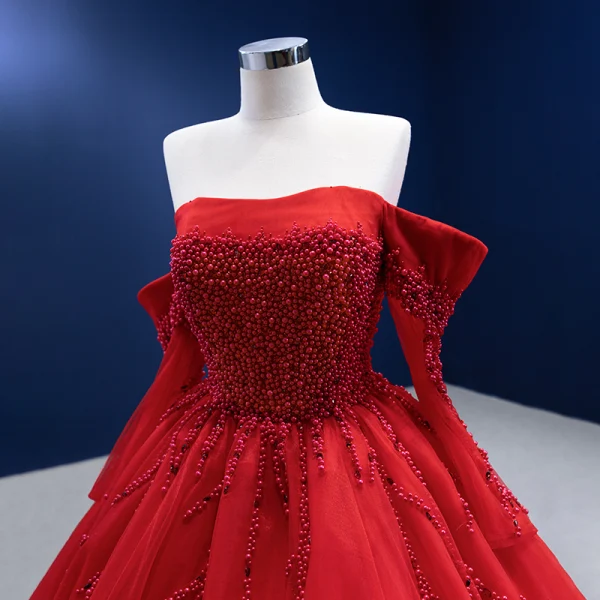High-end Red Beading Pearl Prom Dresses 2022 Ball Gown Off-The-Shoulder 1/2 Sleeves Backless Chapel Train