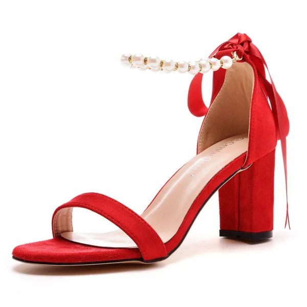 Sexy Beige Perle Knöchelriemen Schleife Sandalen Damen 2023 7 cm Thick Heels Peeptoes Ball Sandaletten Hochhackige