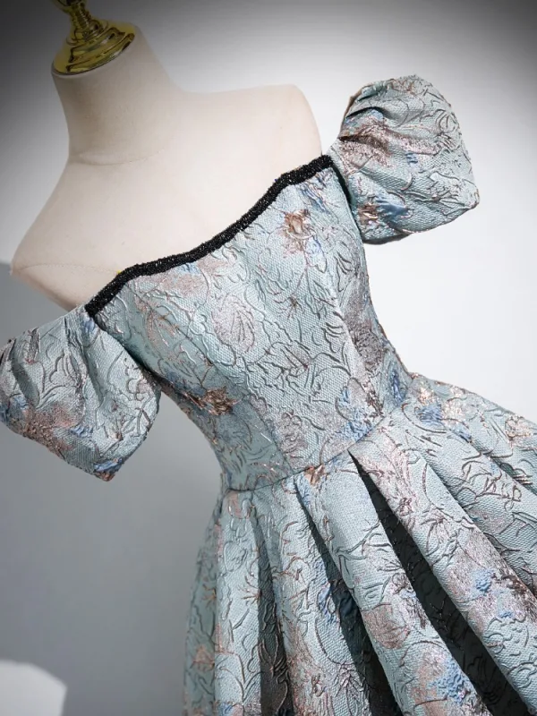 Vintage / Retro Sky Blue Printing Prom Dresses 2024 Ball Gown Square Neckline Puffy Short Sleeve Backless Floor-Length / Long Prom Formal Dresses