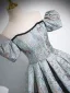 Vintage / Retro Sky Blue Printing Prom Dresses 2024 Ball Gown Square Neckline Puffy Short Sleeve Backless Floor-Length / Long Prom Formal Dresses