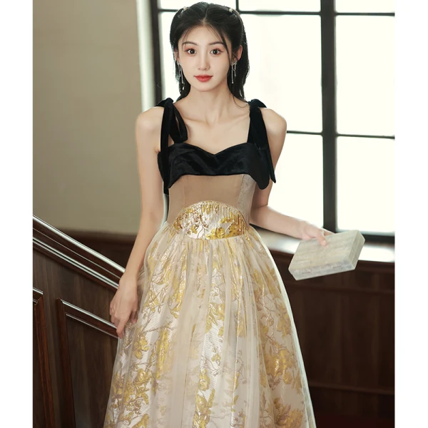 Chic / Beautiful Gold Pearl Tassel Evening Dresses 2023 A-Line / Princess Spaghetti Straps Sleeveless Backless Floor-Length / Long Evening Party Formal Dresses