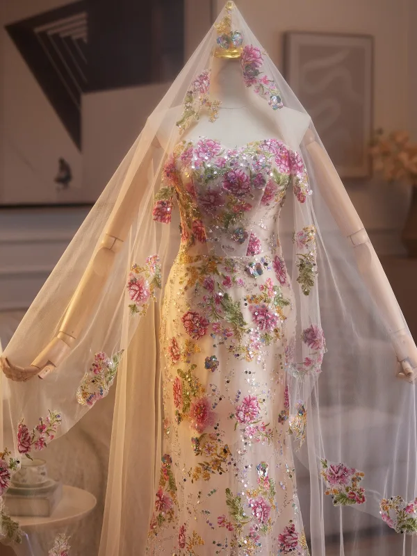 Flower Fairy Multi-Colors Beading Sequins Lace Flower Prom Dresses 2025 With Shawl Trumpet / Mermaid Strapless Sleeveless Backless Sweep Train Formal Dresses