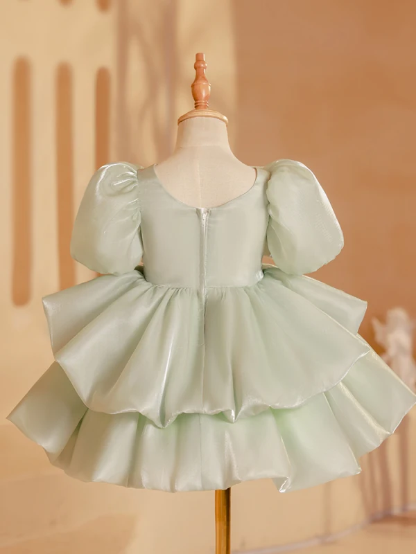 Fashion Sage Green Cascading Ruffles Beading Pearl Sequins Birthday Flower Girl Dresses 2023 Ball Gown Scoop Neck Bow Puffy Short Sleeve Short Backless